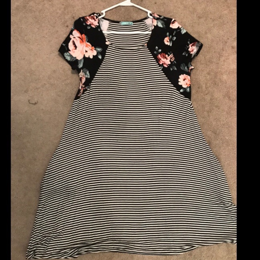 Black and white floral and striped dress